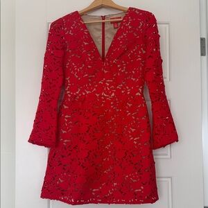 Monique Lhuillier Red Lace V-Neck Dress
